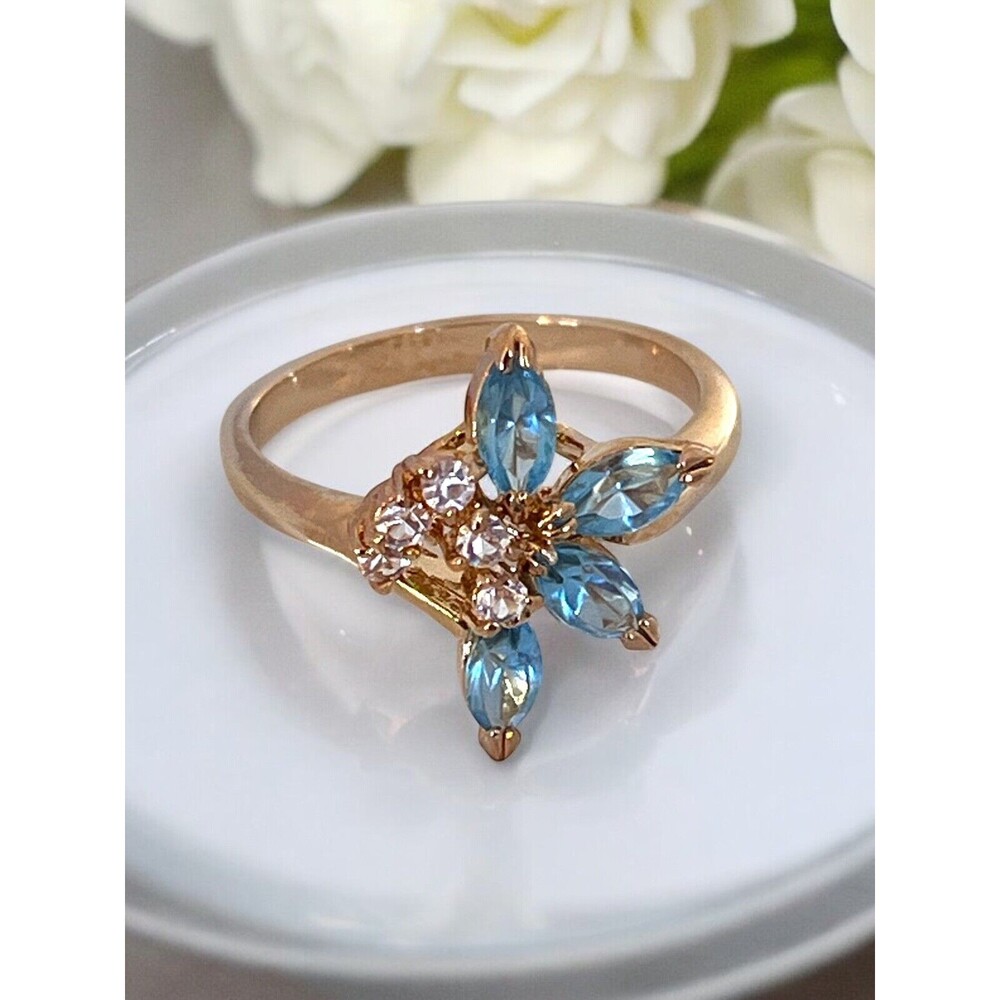Vintage 1970s Austrian Crystal Ring Size 8 Blue Navette 14K Gold Plate - 6C - Picture 8 of 8